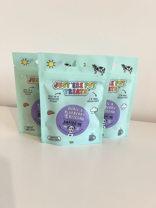 Just ‘Ere Fot Treats Quail & Blueberry Bites Snack Pack 30g